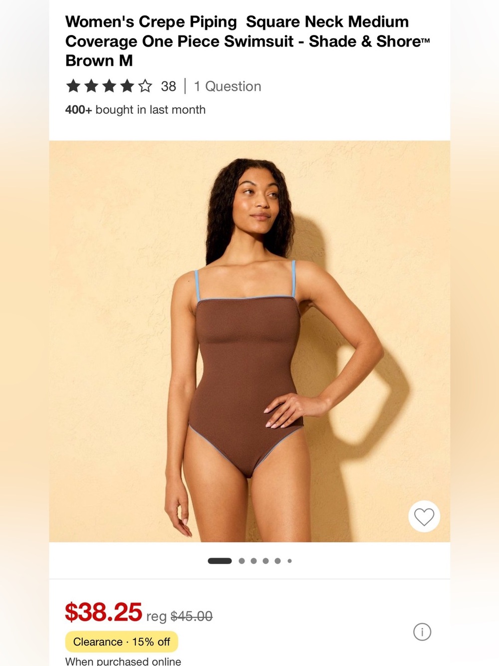 Shade & Shore Brown One-Piece Swimsuit with Light Blue Piping M